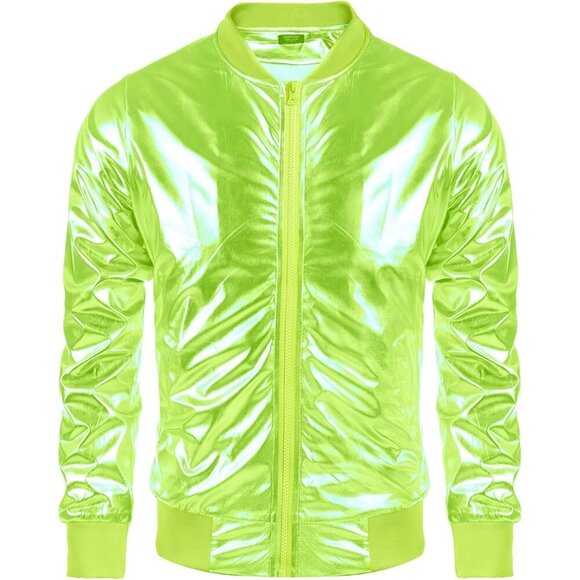 Men's Lemon Shiny Fabric Varsity Bomber Jacket Metallic Style Zipper Shirts